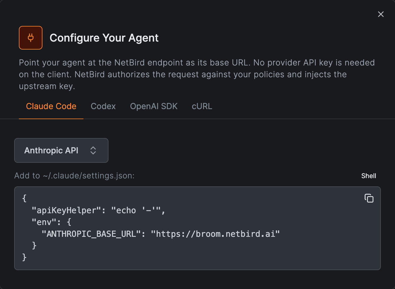 Configure Your Agent dialog: point Claude Code at the NetBird endpoint as its base URL, with no provider API key on the client