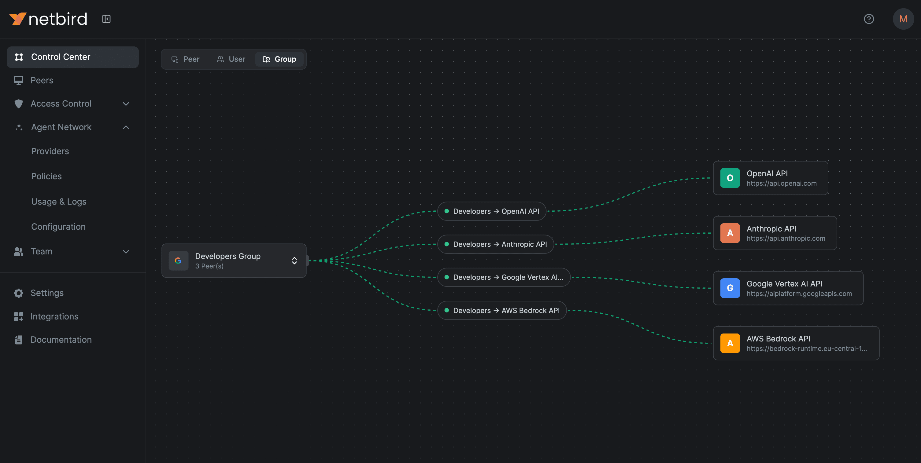 NetBird Control Center showing a Developers group with policy-based access to OpenAI, Anthropic, Google Vertex AI, and AWS Bedrock